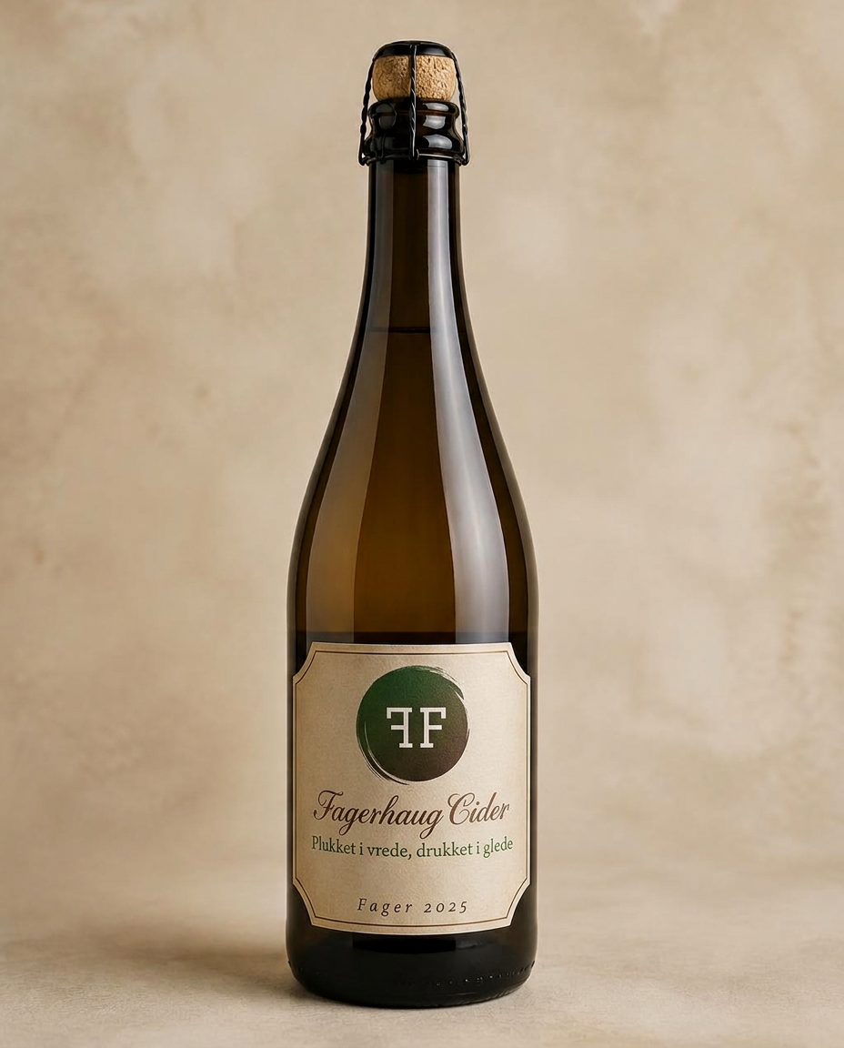 Gammeldags Fagerhaug Cider-flaske med korket tut på toppen og grønt FF-merke på etiketten