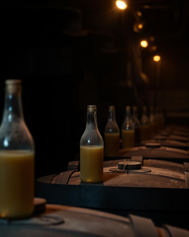 Ciderflasker som modnes i mørk kjeller