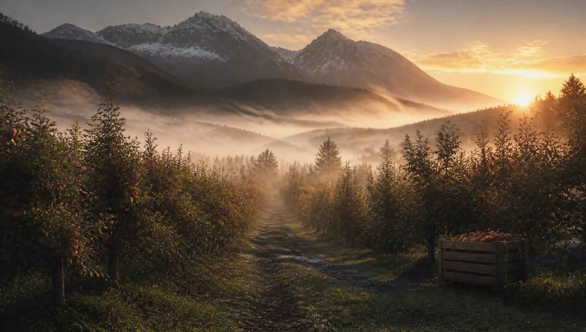 Tåkelagt norsk eplehage ved daggry med fjell i bakgrunnen